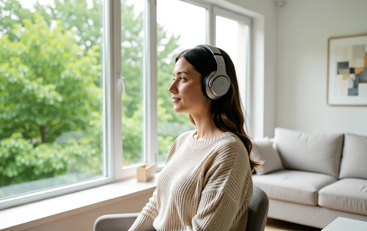 Person practicing hearing hygiene in a quiet environment